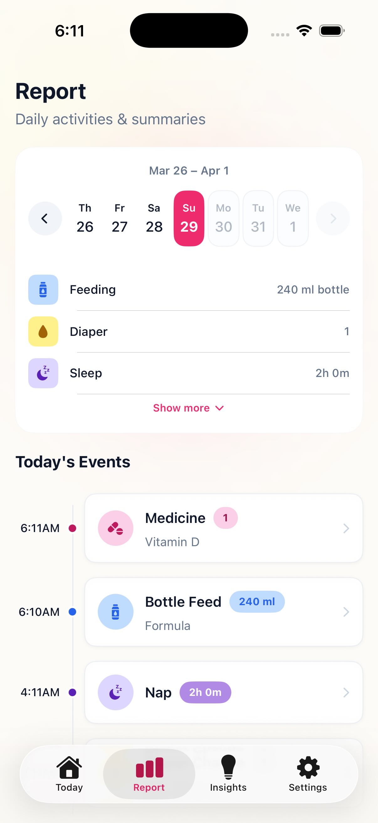 Baby Track Pro report screen — daily activities, weekly calendar, and today's events summary